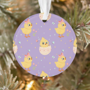 Cute Easter Chick with Pink Bow Seamless Pattern  Ornament