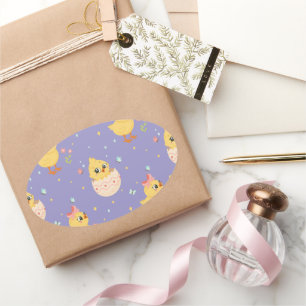 Cute Easter Chick with Pink Bow Seamless Pattern  Oval Sticker
