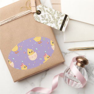 Cute Easter Chick with Pink Bow Seamless Pattern  Oval Sticker