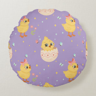 Cute Easter Chick with Pink Bow Seamless Pattern  Round Pillow