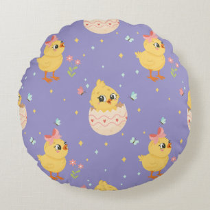 Cute Easter Chick with Pink Bow Seamless Pattern  Round Pillow