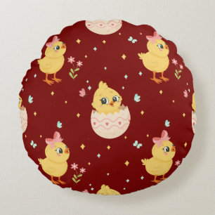 Cute Easter Chick with Pink Bow Seamless Pattern Round Pillow