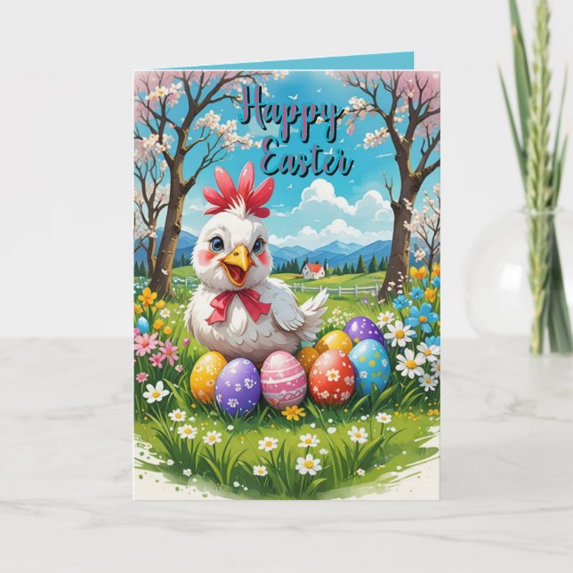 Cute Easter Chicken with Spring Flowers, Eggs Holiday Card (Front)