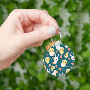 Cute Easter Chicks & Bunnies Seamless Pattern  Keychain