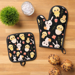 Cute Easter Chicks & Bunnies Seamless Pattern  Oven Mitt & Pot Holder Set