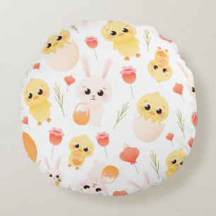 Cute Easter Chicks & Bunnies Seamless Pattern  Round Pillow