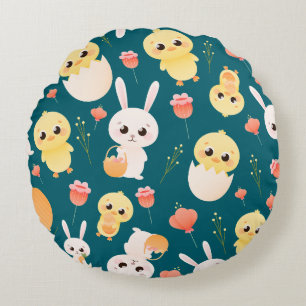 Cute Easter Chicks & Bunnies Seamless Pattern Round Pillow