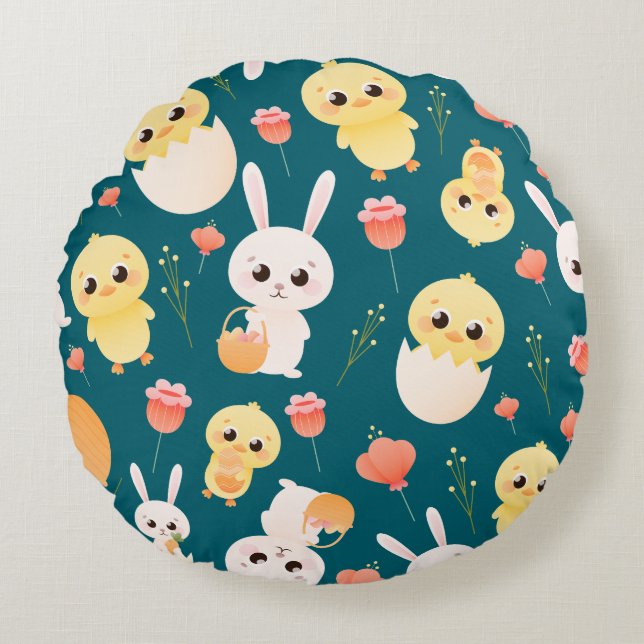 Cute Easter Chicks & Bunnies Seamless Pattern  Round Pillow (Front)