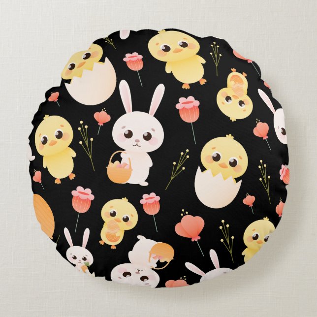 Cute Easter Chicks & Bunnies Seamless Pattern  Round Pillow (Front)