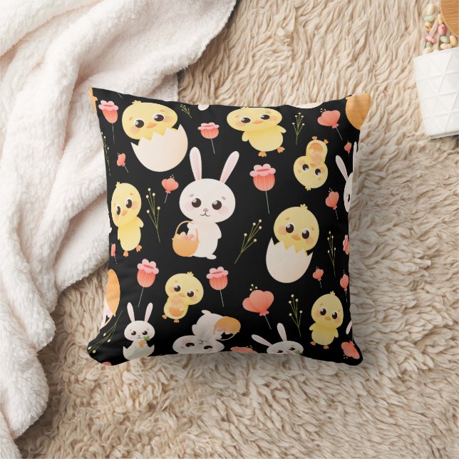 Cute Easter Chicks & Bunnies Seamless Pattern  Throw Pillow (Blanket)