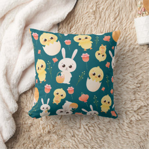 Cute Easter Chicks & Bunnies Seamless Pattern  Throw Pillow