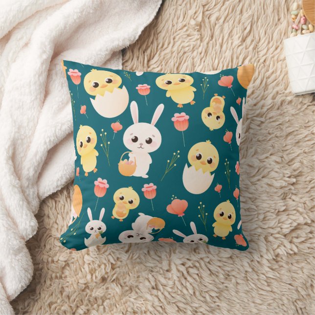 Cute Easter Chicks & Bunnies Seamless Pattern  Throw Pillow (Blanket)