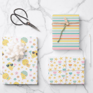 Cute Easter chicks with flowers and eggs Wrapping Paper Sheet