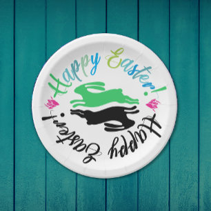 Cute Easter Colorful Spring Bunnies Illustration Paper Plate