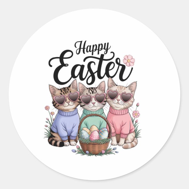 Cute Easter Day Cat Bunny Ears Eggs Graphic Men Wo Classic Round Sticker (Front)
