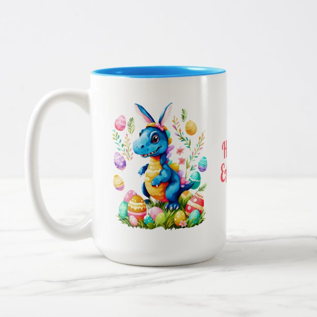 Cute Easter Dinosaur wearing bunny ears coffee mug (Left)