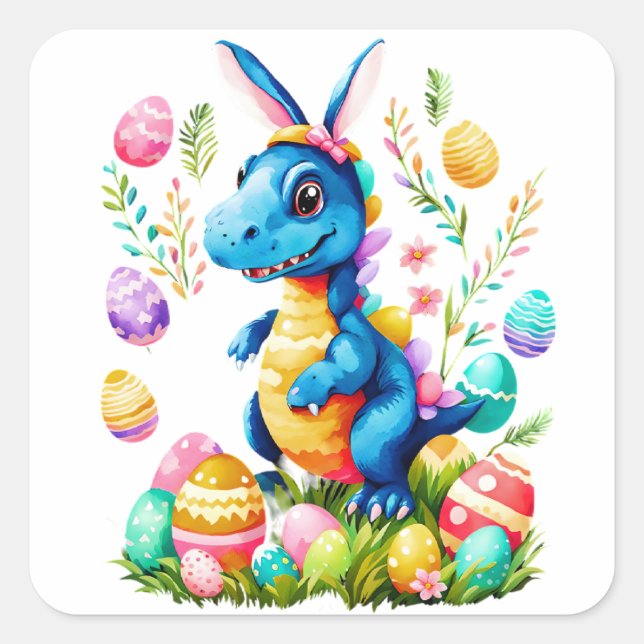 Cute easter dinosaur wearing bunny ears square sticker (Front)