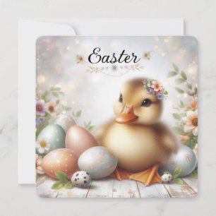 Cute Easter Duck with Easter Eggs and Flowers Holiday Card