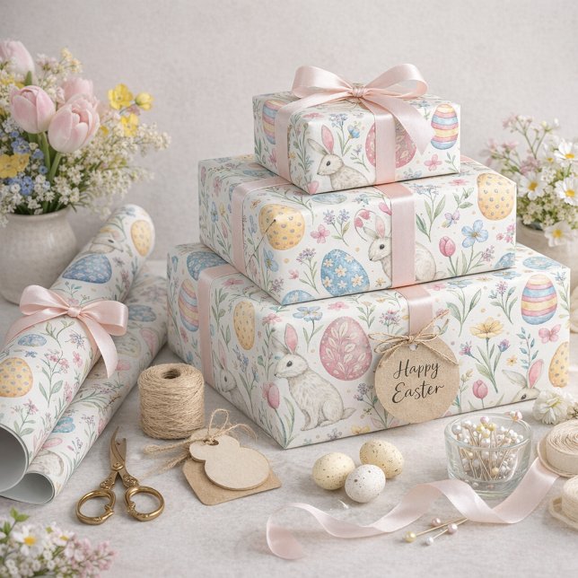 Cute Easter Egg and Spring Bunny Illustration Wrapping Paper (Creator Uploaded)