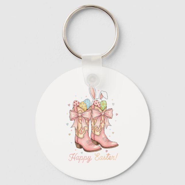 Cute Easter Egg Howdy Western Cowboy Boots Bunny C Keychain (Front)