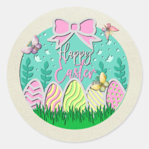 Cute Easter Egg Hunt and Colourful Butterflies Classic Round Sticker