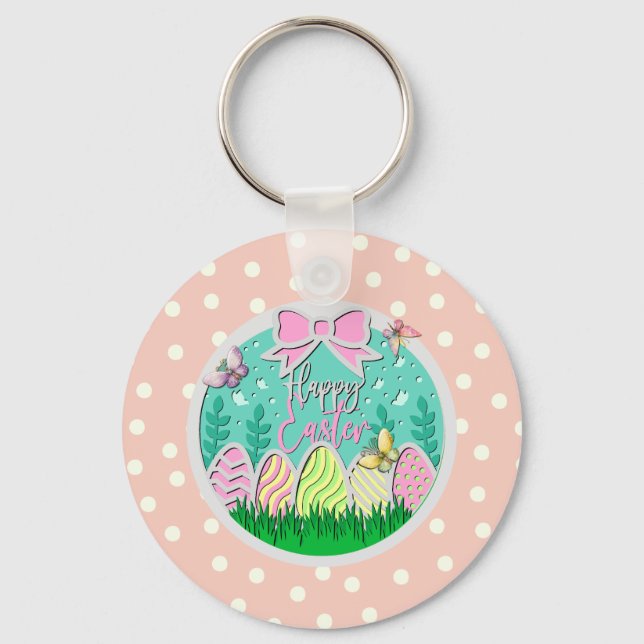 Cute Easter Egg Hunt and Colourful Butterflies Key Keychain (Front)