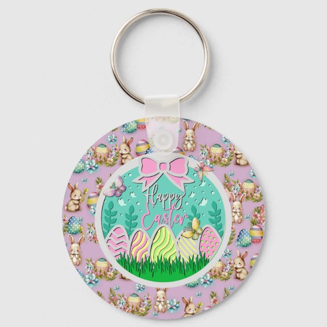 Cute Easter Egg Hunt and Colourful Butterflies Keychain (Front)