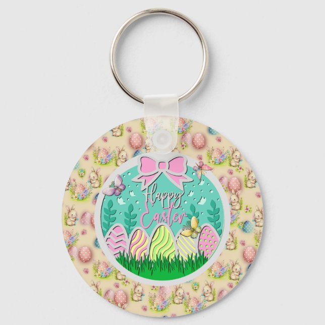 Cute Easter Egg Hunt and Colourful Butterflies Keychain (Front)