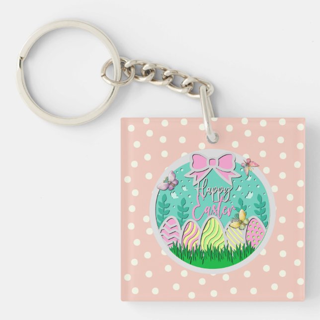 Cute Easter Egg Hunt and Colourful Butterflies Keychain (Front)