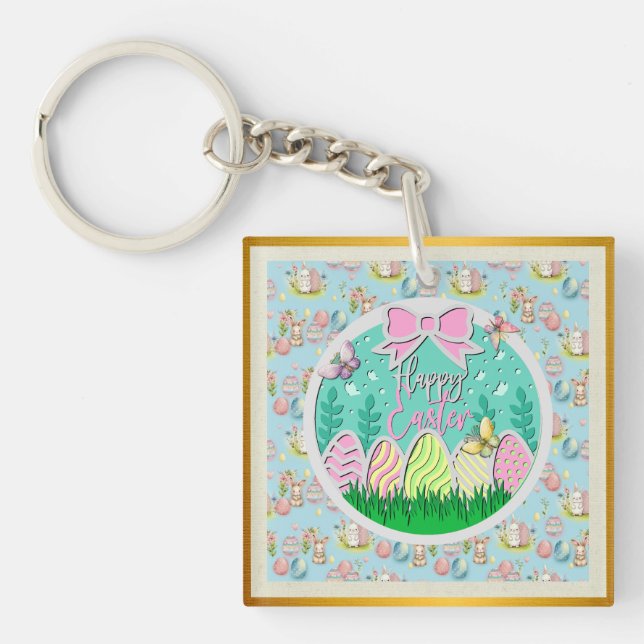 Cute Easter Egg Hunt and Colourful Butterflies Keychain (Front)