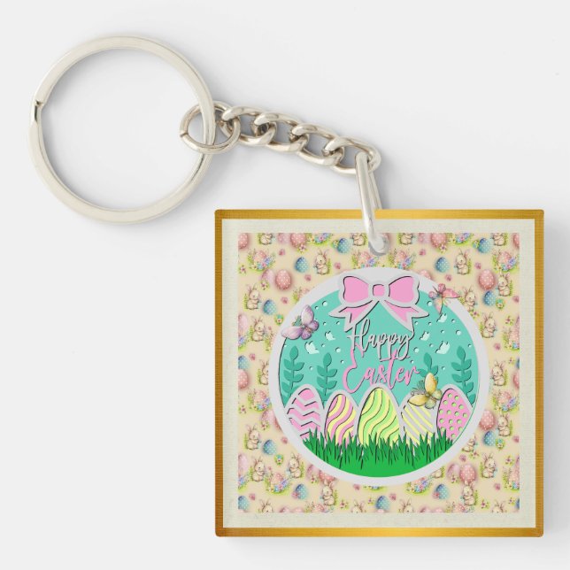 Cute Easter Egg Hunt and Colourful Butterflies Keychain (Front)