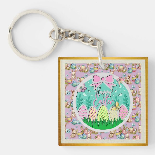 Cute Easter Egg Hunt and Colourful Butterflies Keychain (Front)