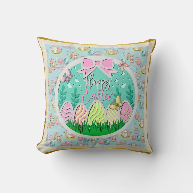 Cute Easter Egg Hunt and Colourful Butterflies Throw Pillow (Front)