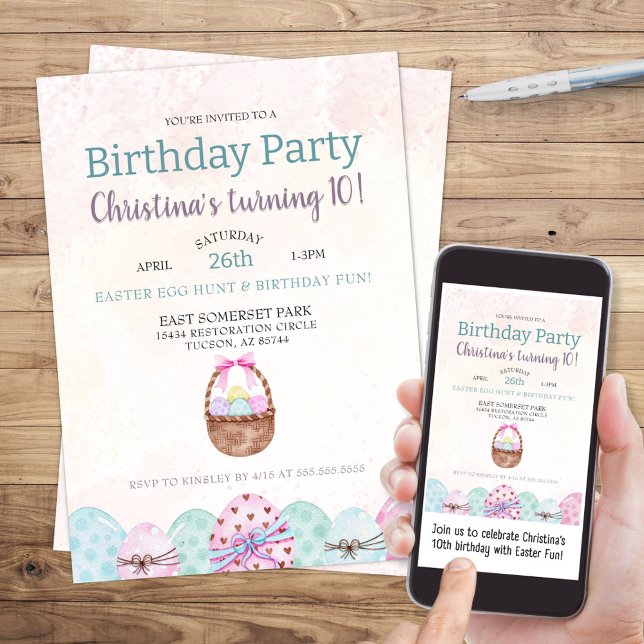 Cute Easter Egg Hunt Birthday Party Invitation (cute easter egg hunt theme birthday party invitation for boy or girl with cute watercolor basket)