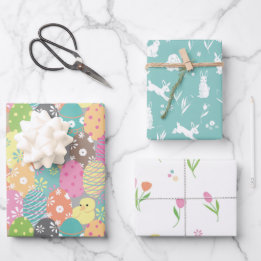 Cute Easter eggs and bunnies, spring tulips Wrapping Paper Sheet