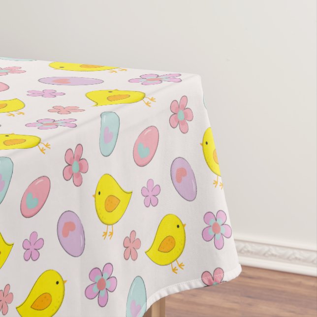 Cute Easter Eggs Chicks and Flowers Pattern Spring Tablecloth (In Situ)