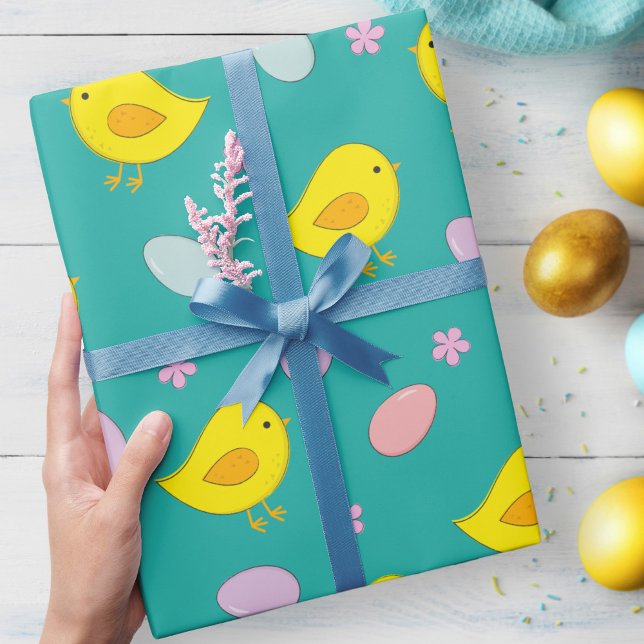 Cute Easter Eggs Chicks Spring Pattern Teal green Wrapping Paper (Creator Uploaded)