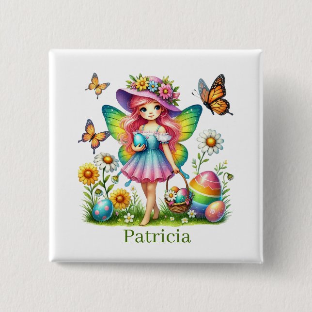 Cute Easter fairy add name  2 Inch Square Button (Front)