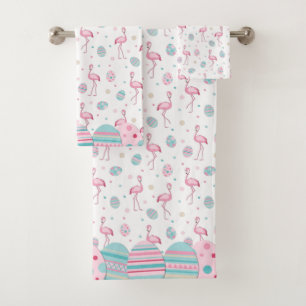 Cute Easter flamingo & painted eggs pattern Bath Towel Set