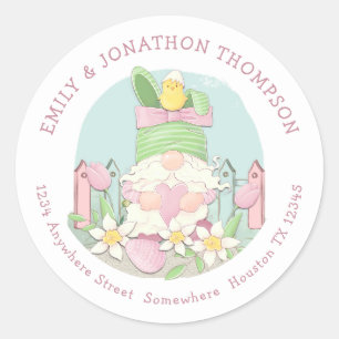 Cute Easter Gnome Name Return Address Teal pink Classic Round Sticker