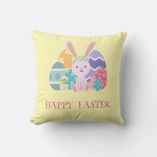 Cute Easter Group Eggs Happy Hoppy Easter day Throw Pillow (Front)