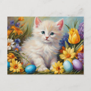 Cute Easter Kitten with Flowers and Easter Eggs Holiday Postcard