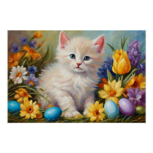 Cute Easter Kitten with Flowers and Easter Eggs Poster