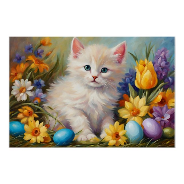 Cute Easter Kitten with Flowers and Easter Eggs  Poster (Front)