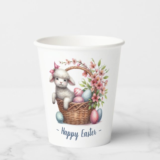 Cute Easter Lamb Floral Personalized Paper Cups (Front)