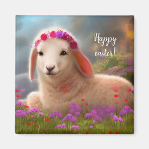 Cute easter lamb with flowers - easter magnet