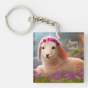Cute easter lamb with flowers - keychain