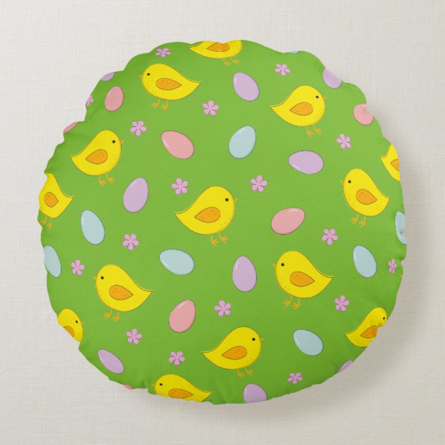 Cute Easter pattern Chickens Eggs Custom colour Round Pillow (Front)
