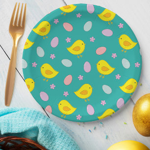 Cute Easter Pattern Chickens Eggs Teal Colour Fun Paper Plate