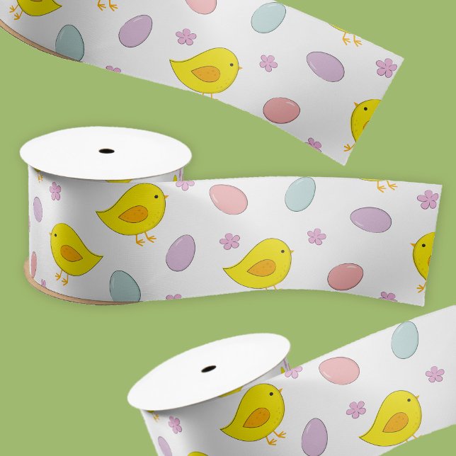 Cute Easter pattern with chickens, eggs, flowers Satin Ribbon (Creator Uploaded)